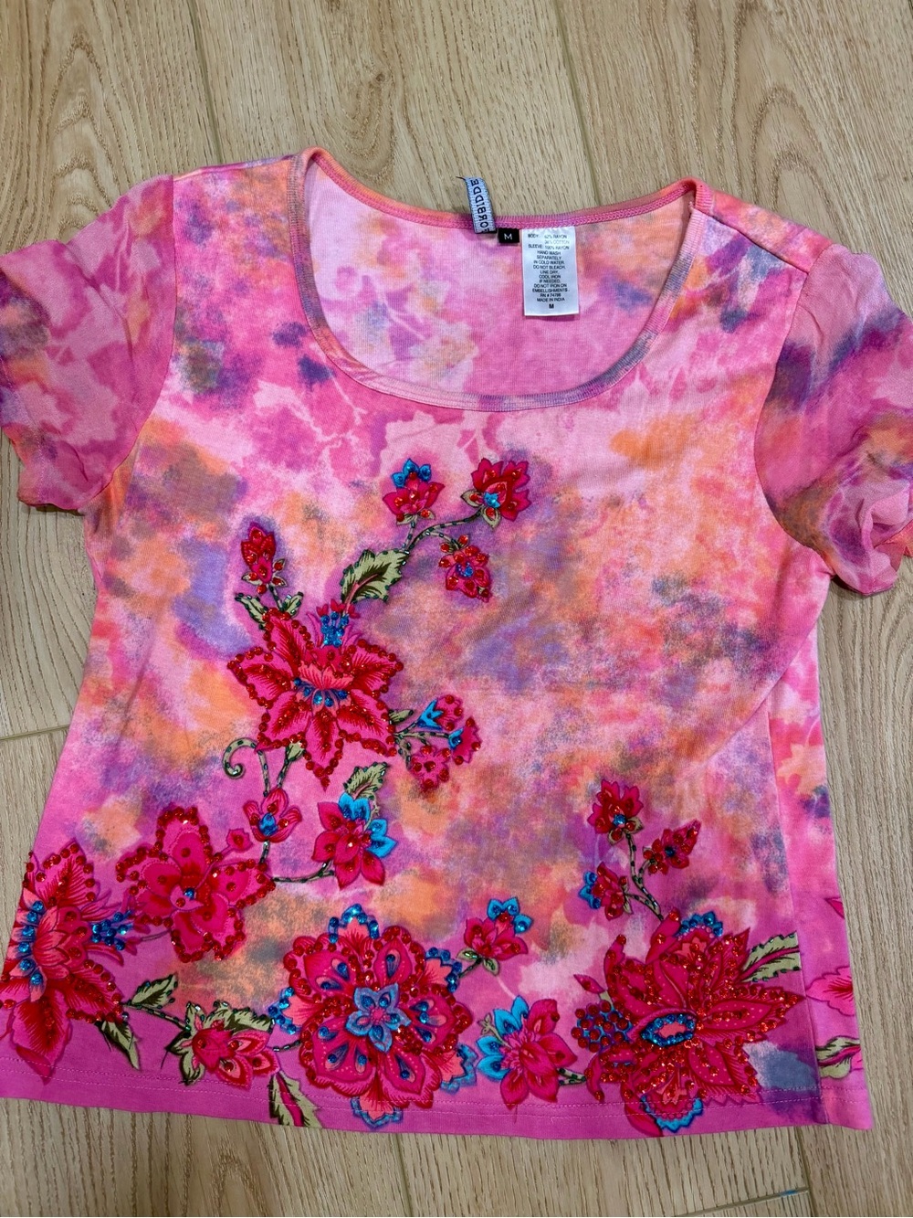Y2k woman’s M  Forbidden brand.  Pink Floral Tie-Dye Short Sleeve Top